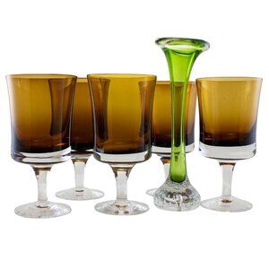 Retro Modern Scandinavian Glass Goblets and Bone Vase with Label